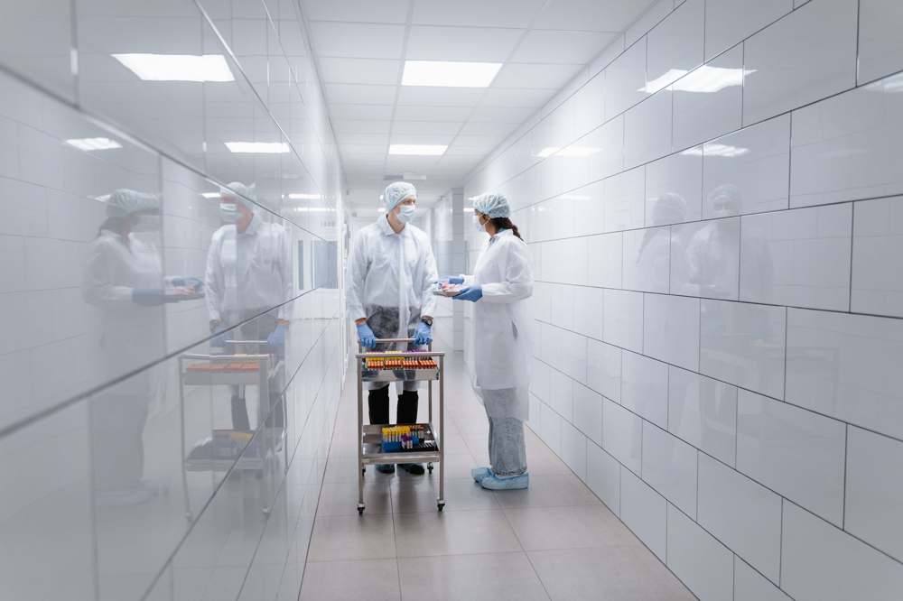 Gowned personnel moving through a biopharmaceutical manufacturing corridor