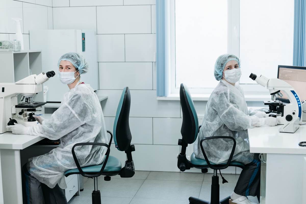 Two scientists working with microscopes in a laboratory