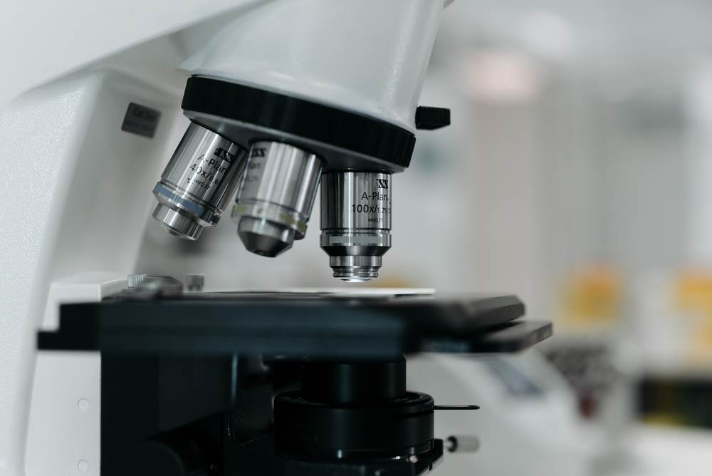 A close-up of a microscope lens