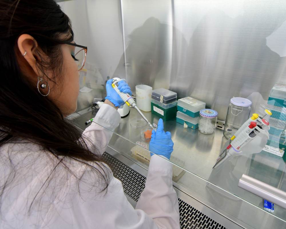 A chemist in a white coat working in a laboratory