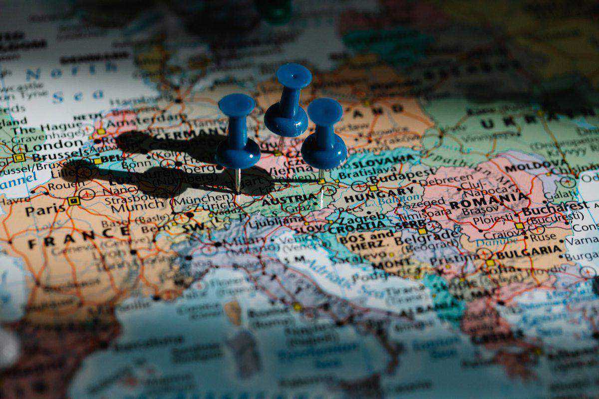 A map of Europe marked with a location pin