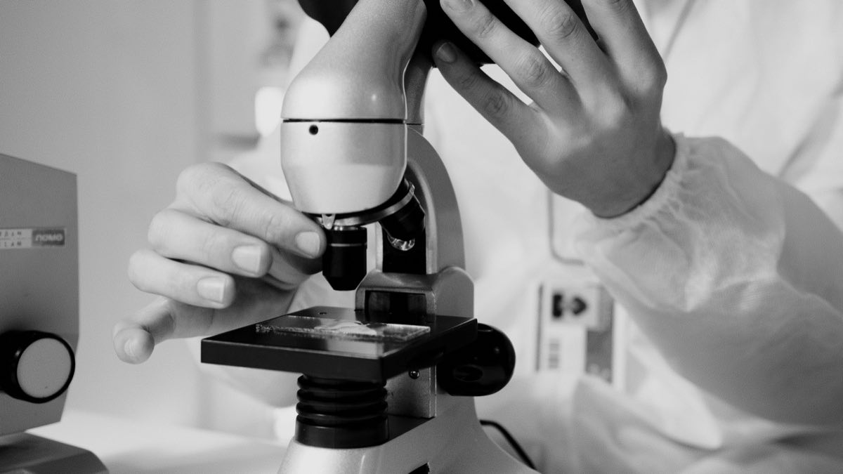 A scientist examining a sample under a microscope
