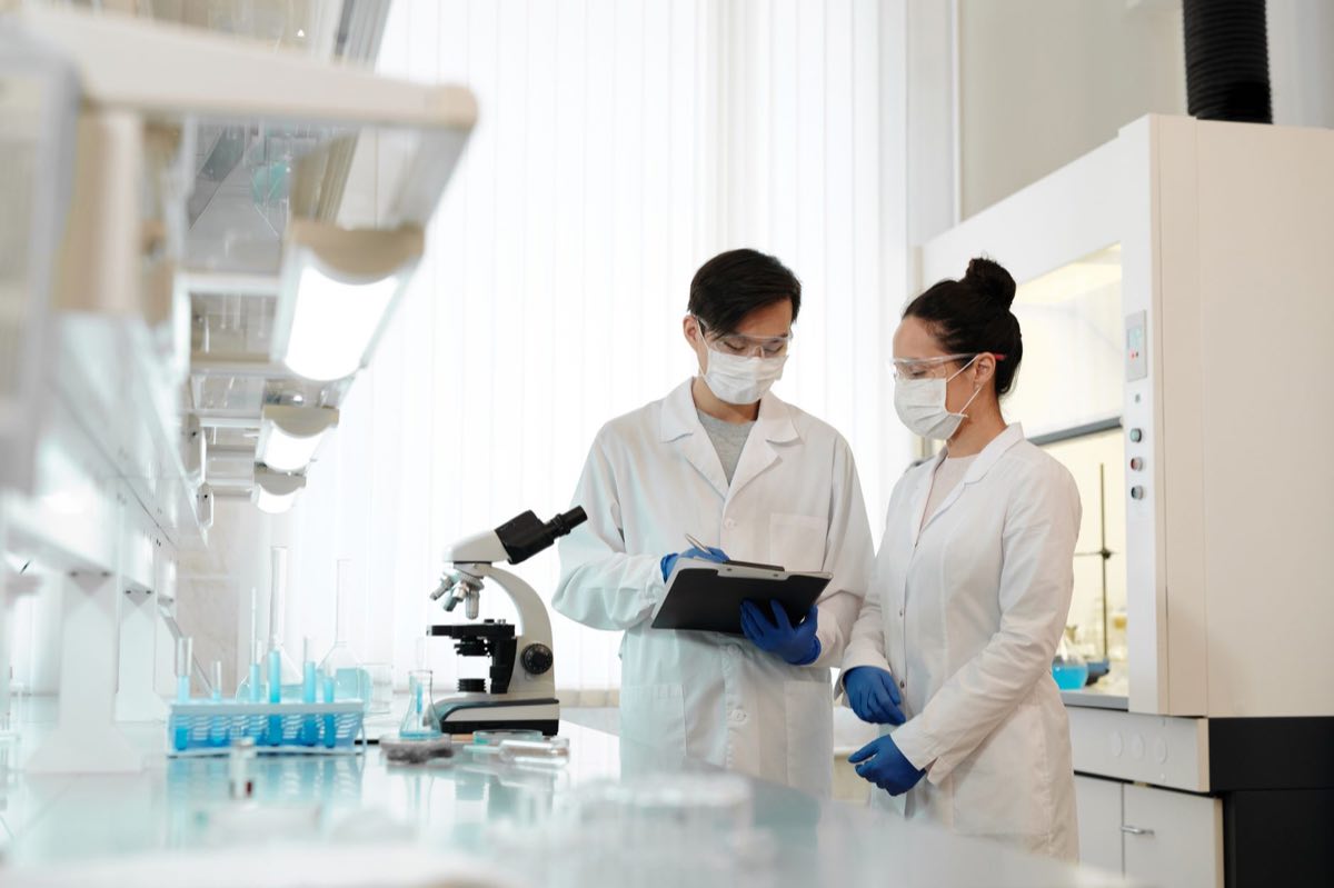 Two scientists discussing results in a laboratory