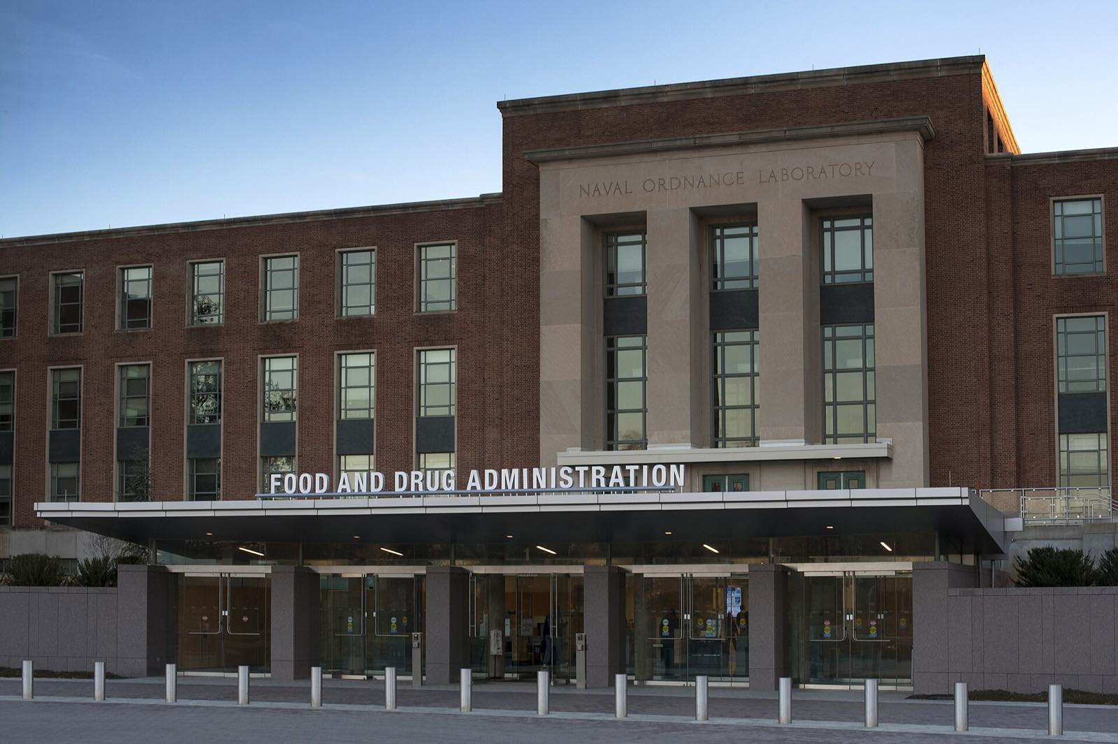 The main entrance of FDA Building 1 at dusk, White Oak Campus, Silver Spring, Maryland