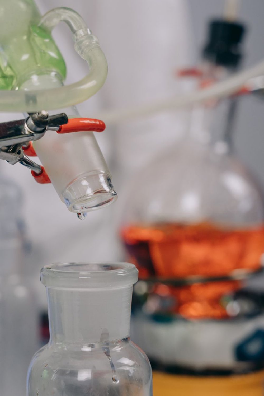 Bioprocess glassware and tubing in a biotechnology laboratory