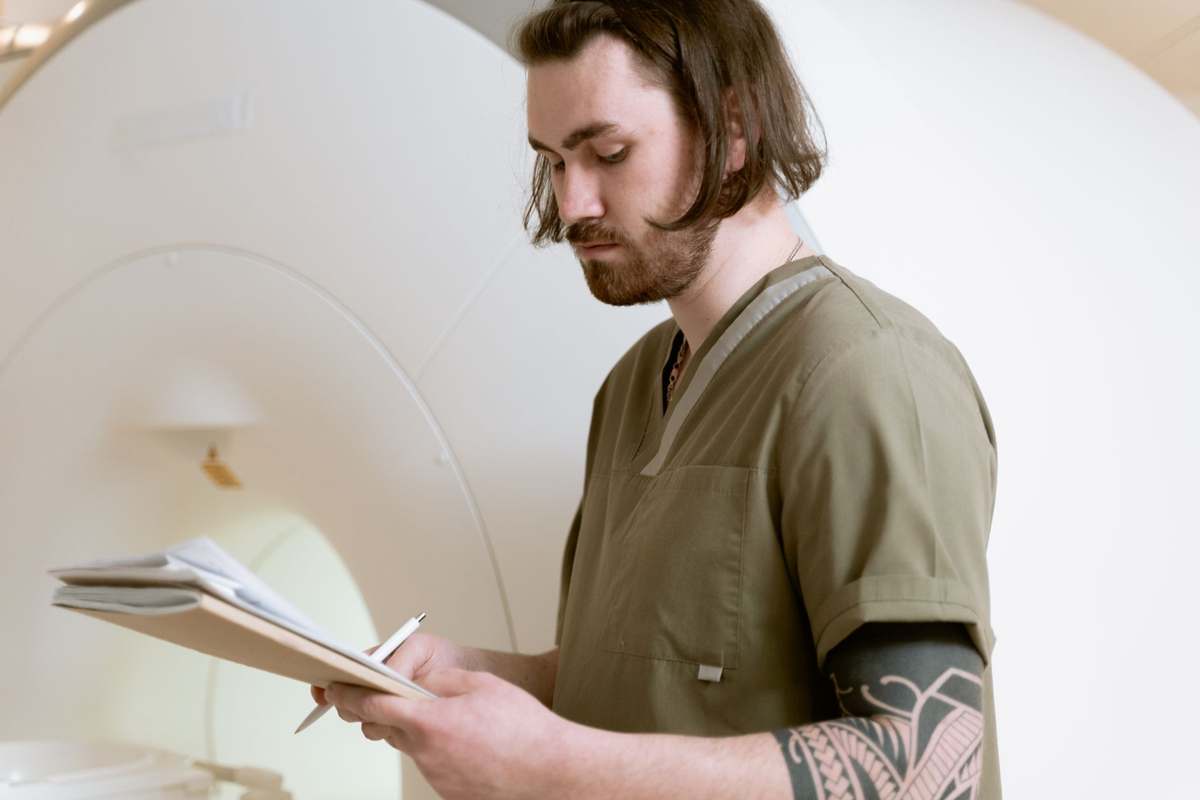 A radiologist reviewing MRI scan results