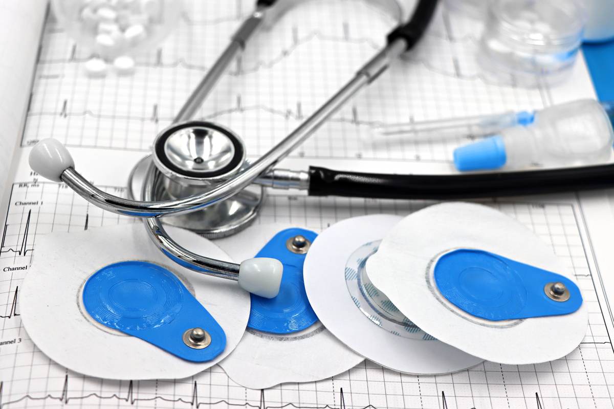 Close-up of medical electrodes and leads on a surface