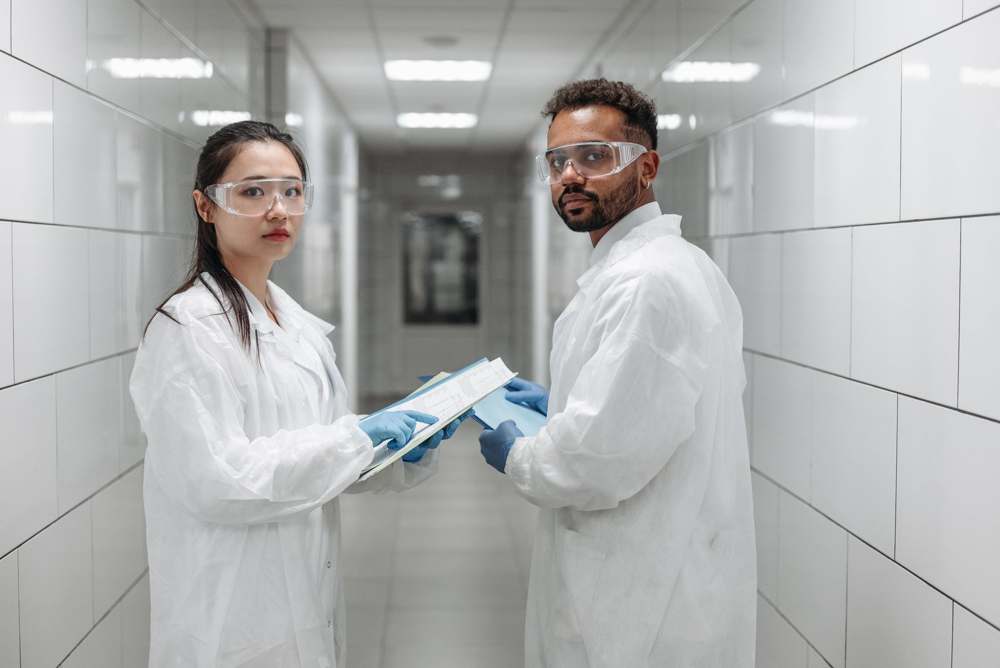 Two scientists in protective gear reviewing data in a laboratory