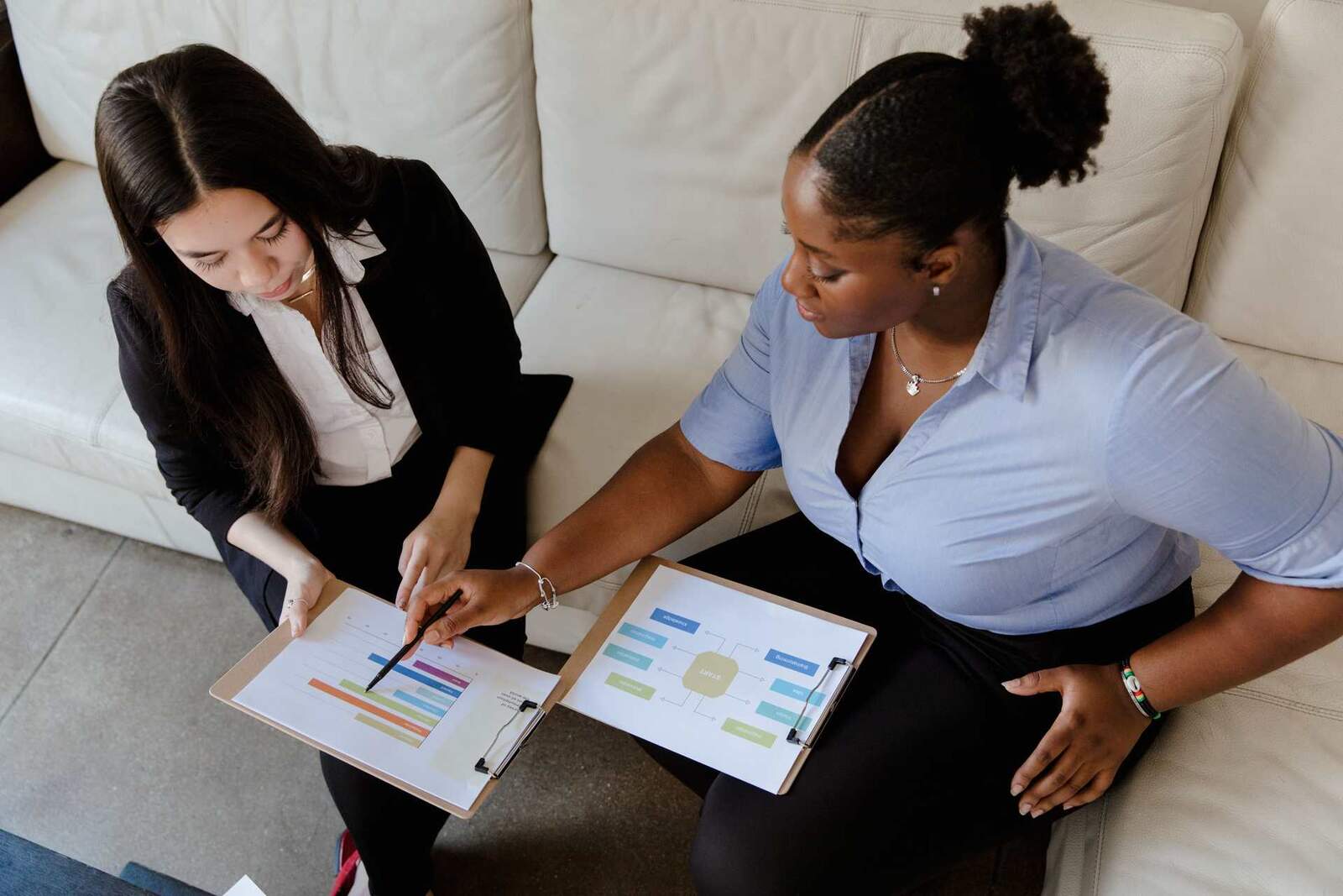 Two colleagues reviewing printed charts and a process diagram together on a white sofa