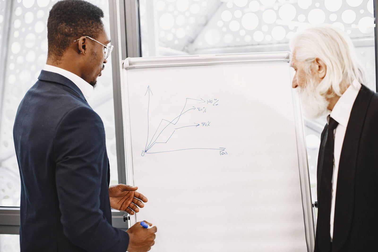 Two colleagues reviewing a hand-drawn projection chart on a flipchart in a bright office