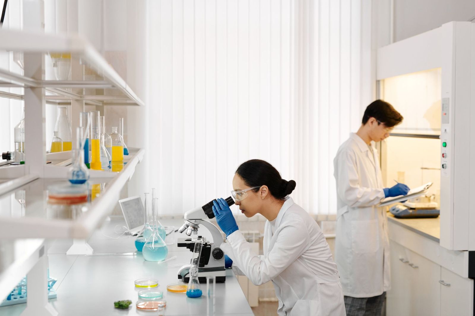 Two lab scientists in white coats working at a bright laboratory bench, one examining a sample under a microscope