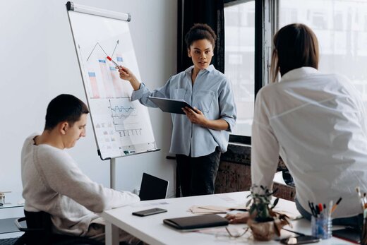A presenter pointing at chart-filled flipchart pages while two colleagues look on in a bright office