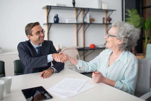Regulatory consultant and client shaking hands across a conference table after reaching agreement
