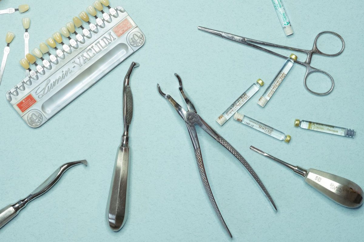 Medical materials and instruments arranged in a laboratory setting