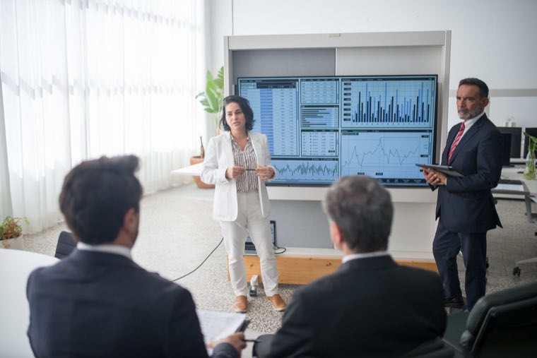 Regulatory diligence findings presented on screen to an investment committee
