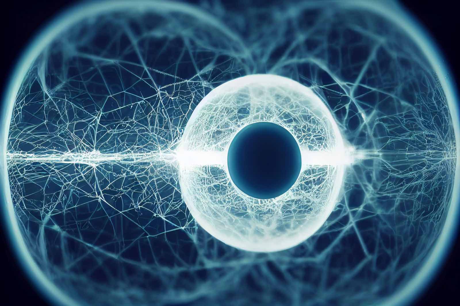 Glowing neural sphere with electric synaptic filaments radiating through a dark field