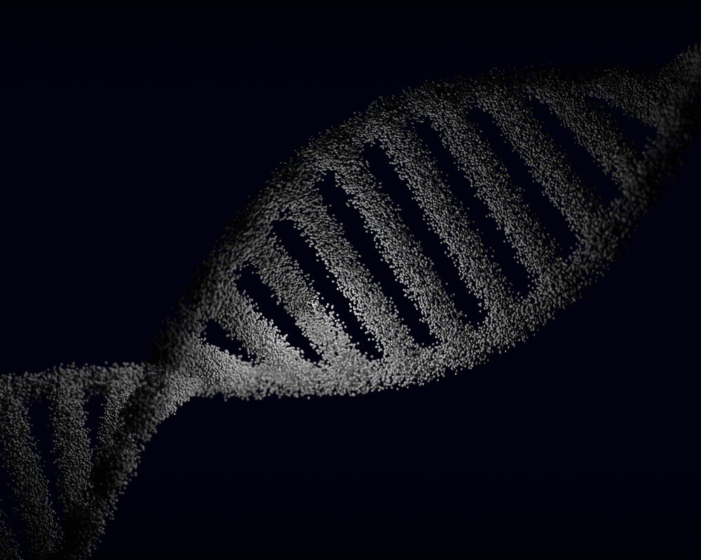 Cinematic close-up of a DNA strand emerging from darkness