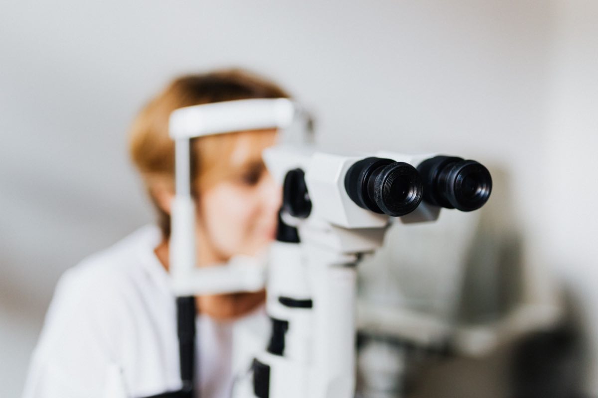 An eye examination on a slit lamp in an ophthalmology clinic