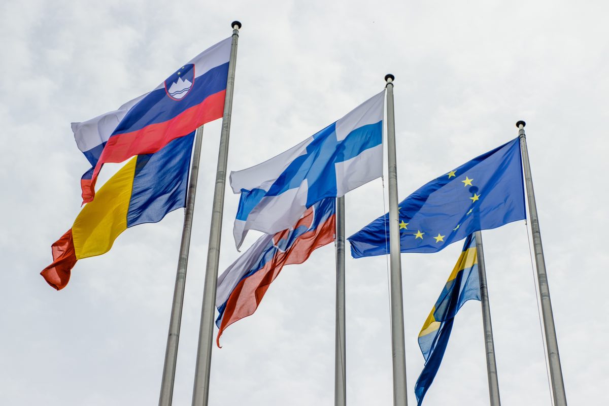 European Union and member state flags flying together