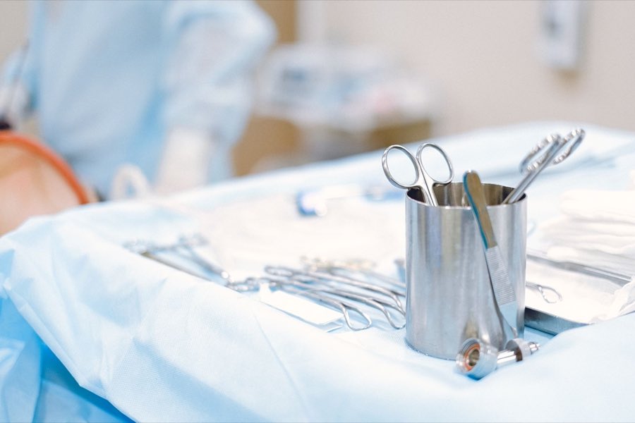 Surgical instruments laid out, representing medical devices