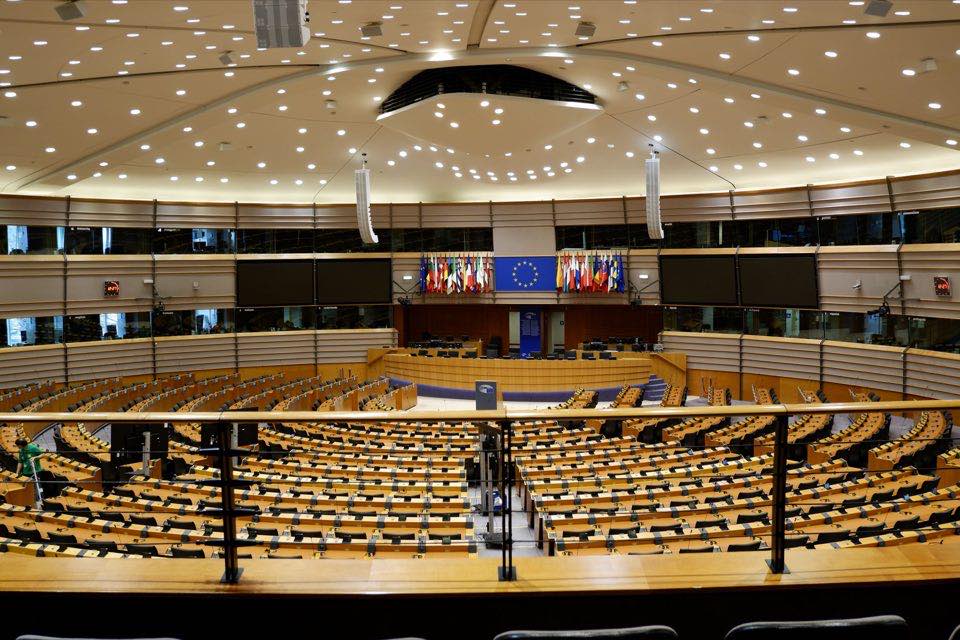 The empty hemicycle of the European Parliament in Brussels