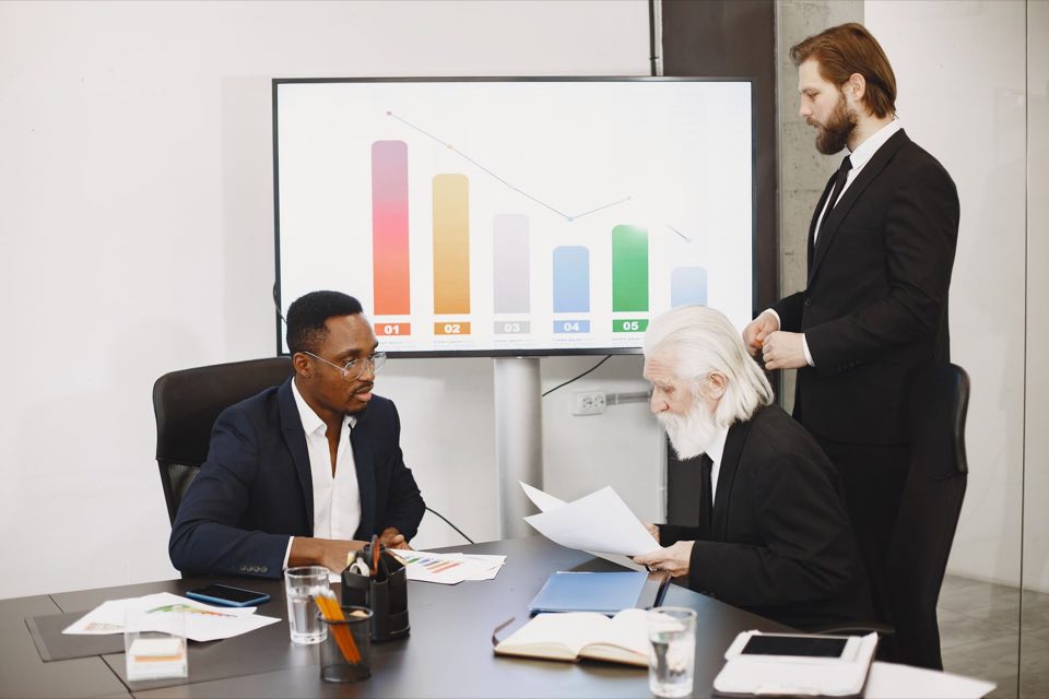 Executives working through a presentation at a boardroom table