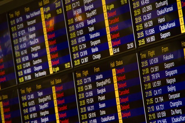 International departures board listing cities across the world