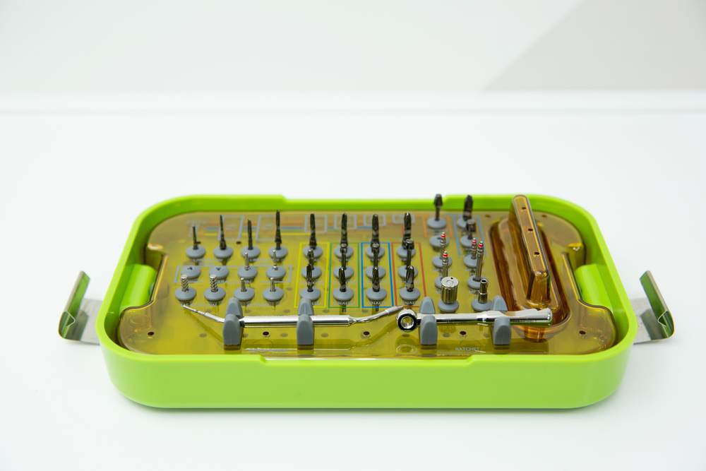 A set of sterile instruments arranged in a tray