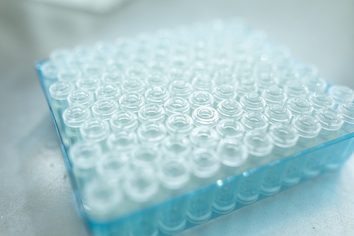 Sterile glass vials staged on a filling line